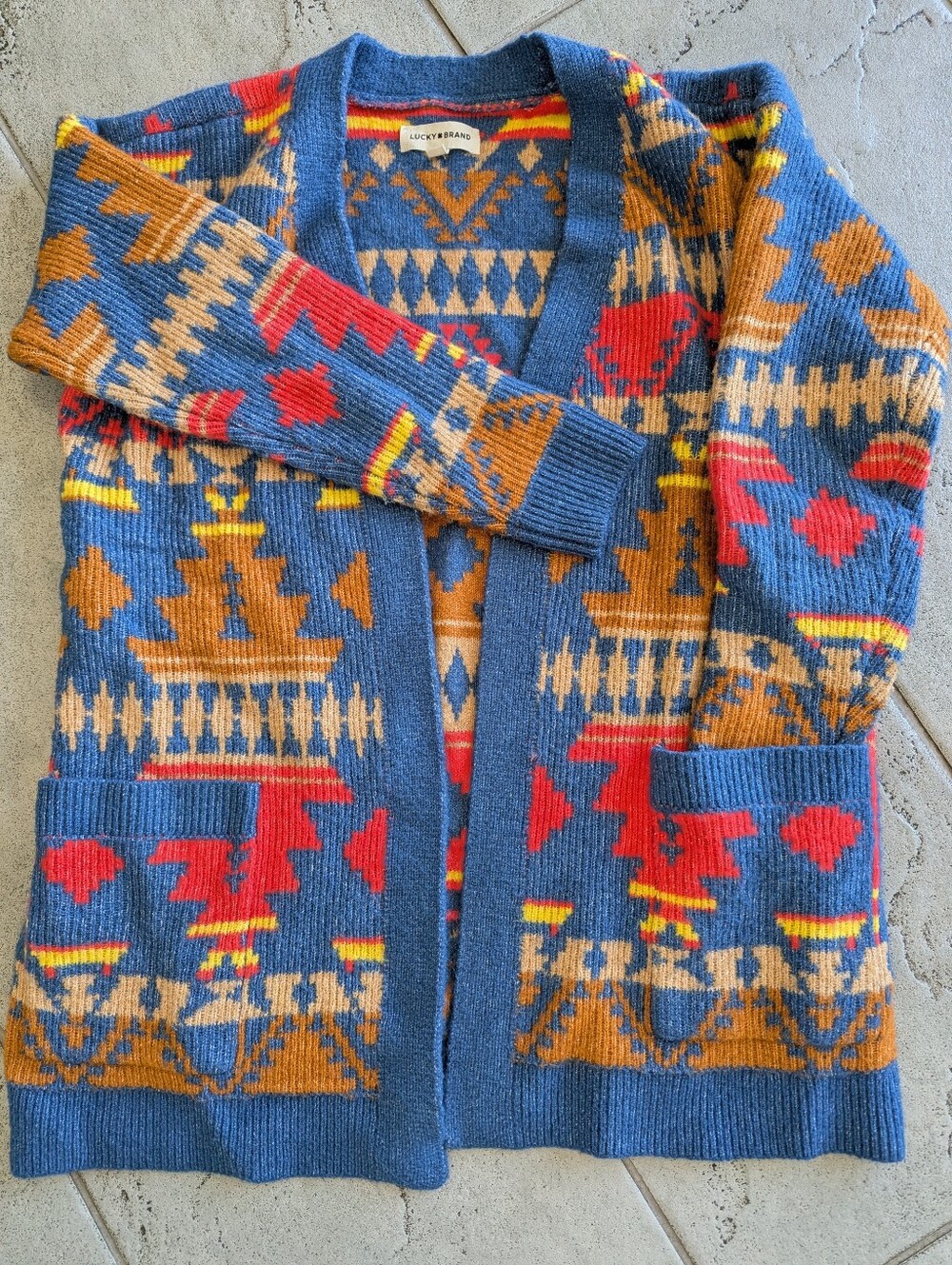 WORN 1X LUCKY BRAND AZTEC PRINT SWEATER CARDIGAN - Picture 1 of 9